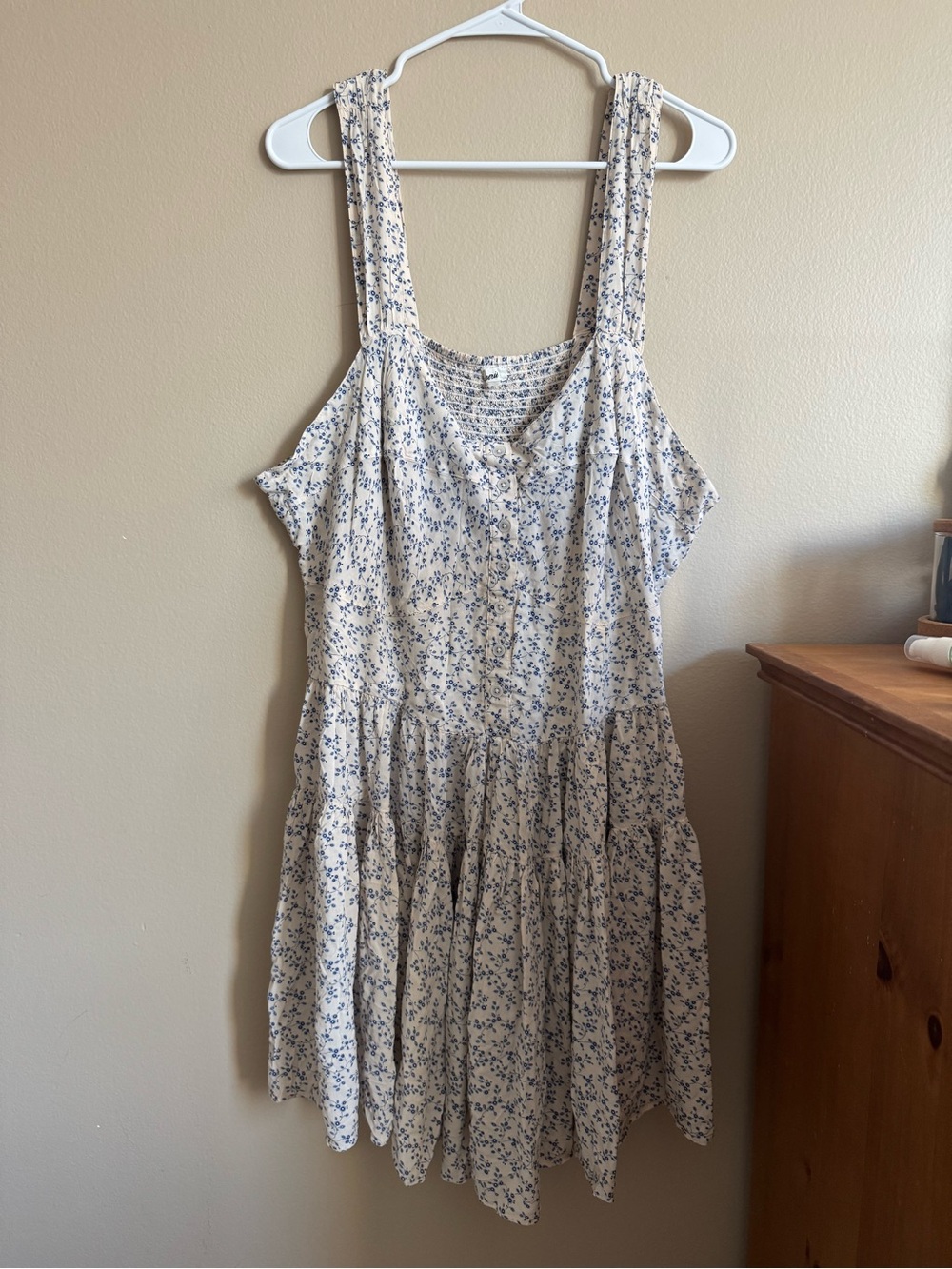 Aerie Ditsy Floral Mini Dress Blue Smocked Button Front Tiered Women’s XL